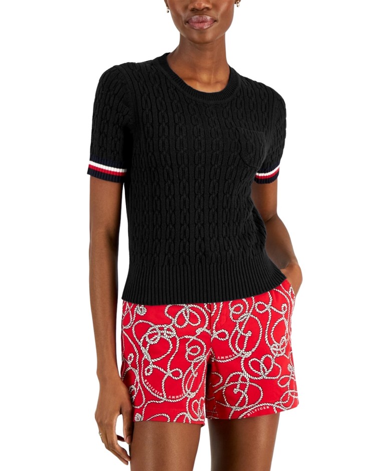 TOMMY HILFIGER Women's Short Sleeve Sweater, Size L, 100% Cotton, Black (00