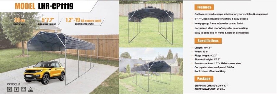 Unused 2025 Landhonor 11*19FT All-Steel Carport LHR-CP1119