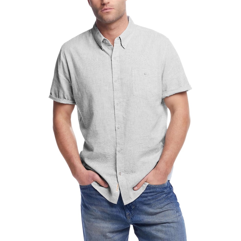 WEATHERPROOF Men's Linen S/S Shirt, Size XL, 55%Linen/45%Cotton, Grey. Buy