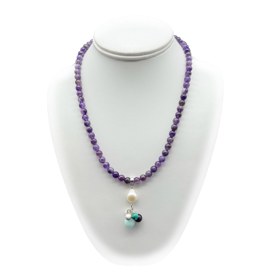 6mm Natural Amethyst & Pearl & Gemstone Cluster Pendant Charm Necklace