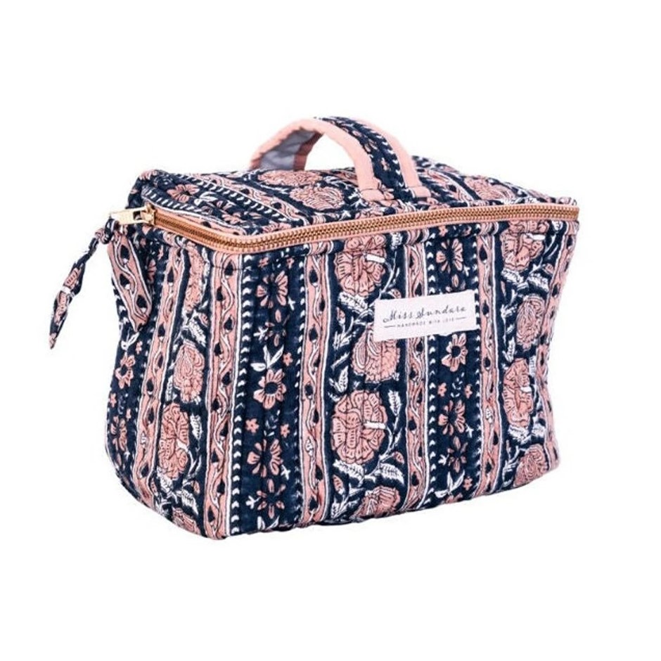 MISS SUNDARA Block Print Floral Cosmetic Case, Women’s Cube Shape Makeup Or