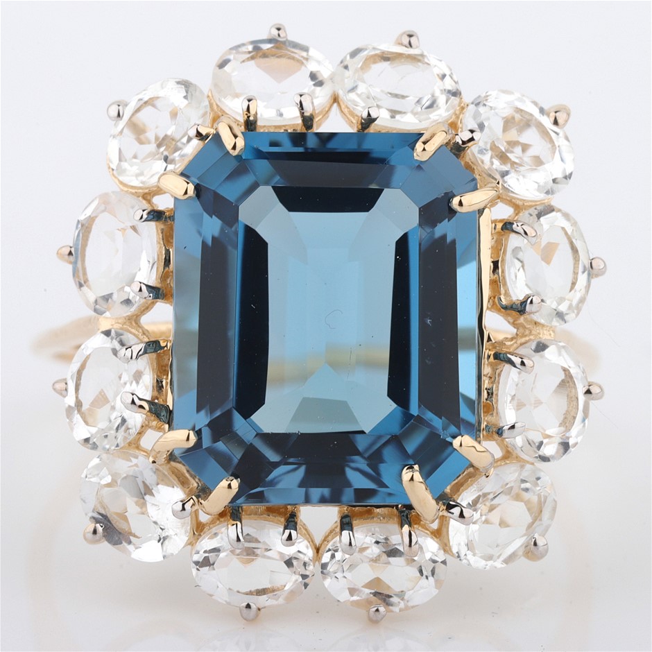 14k Yellow Gold Natural London Blue Topaz/Natural White Topaz Ring  with