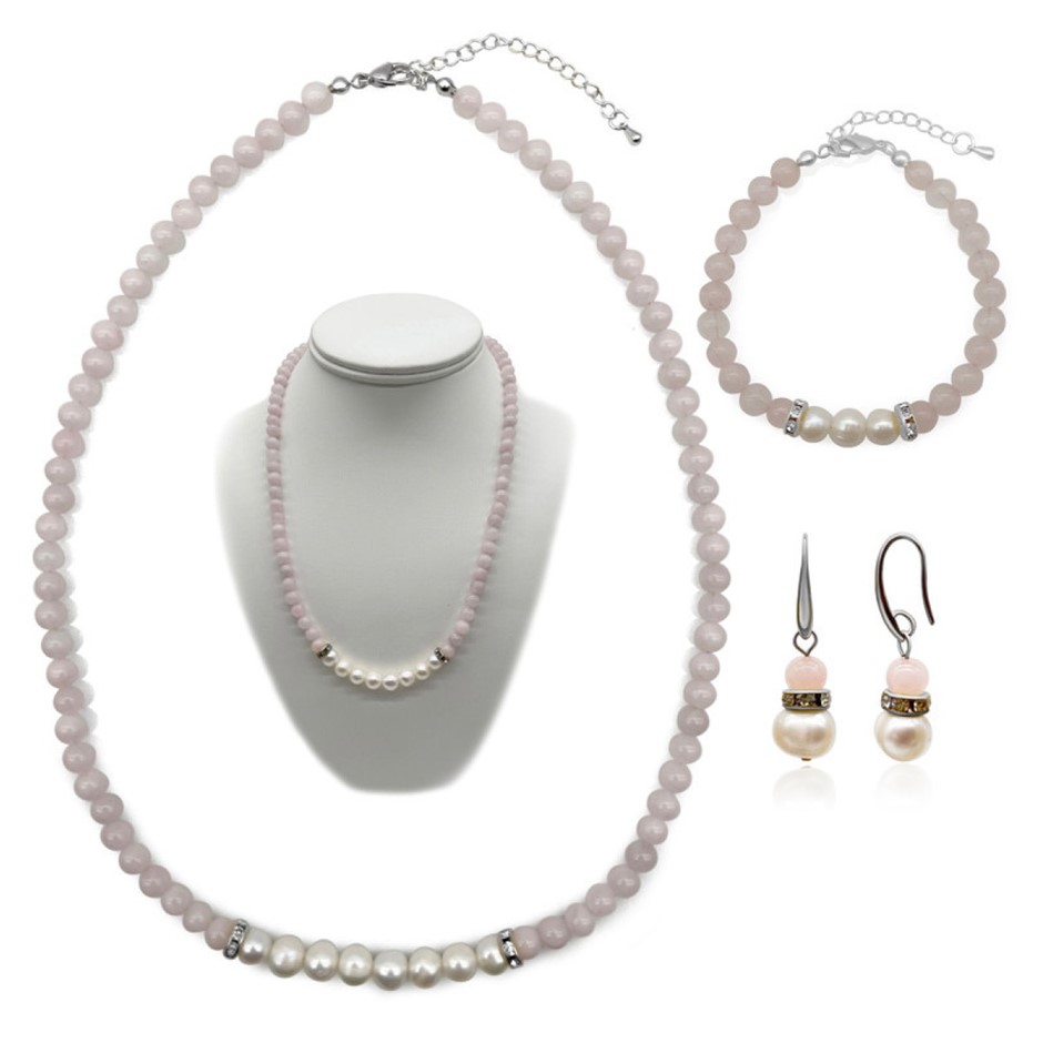 7-8mm Pearl & Rose Quartz Real Platinum Plated Jewellery Set