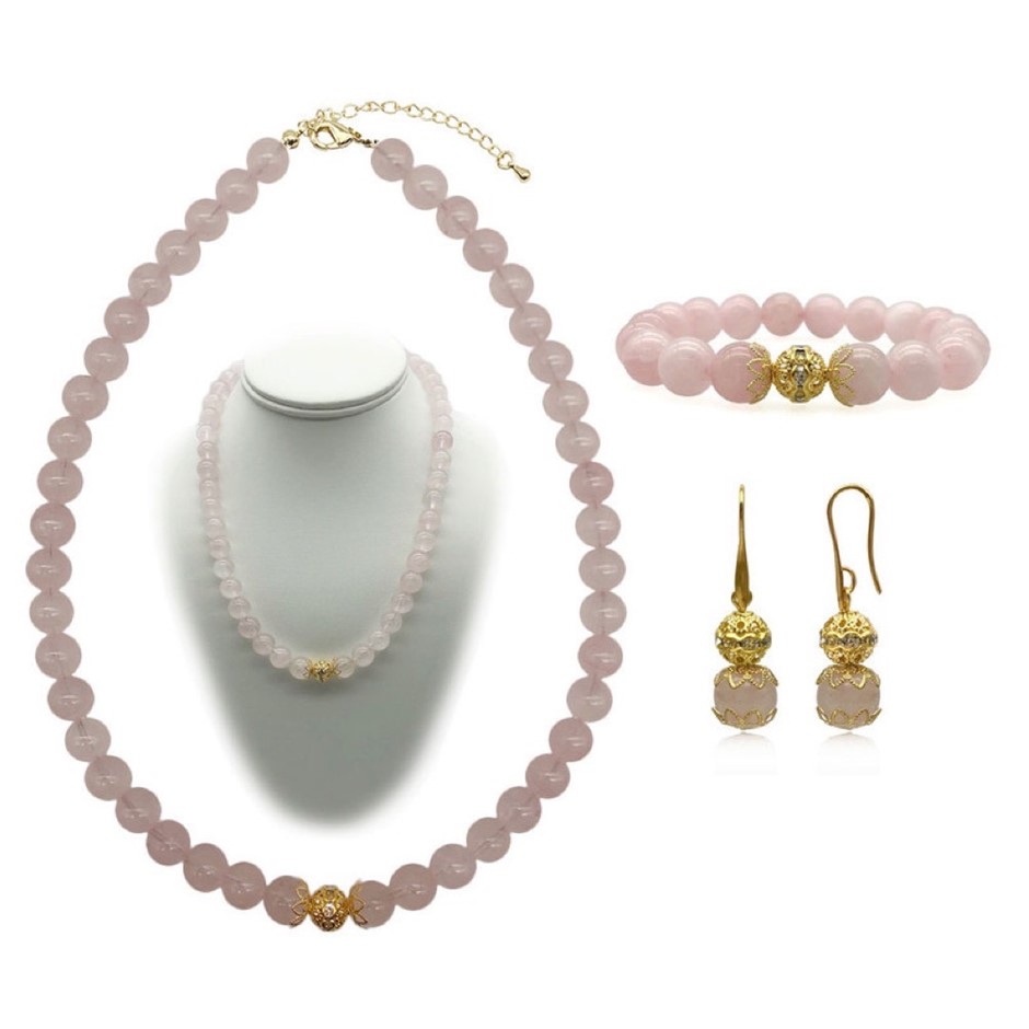 10mm Rose Quartz Persian Love Gold Plated Rhinestone Jewellery Set