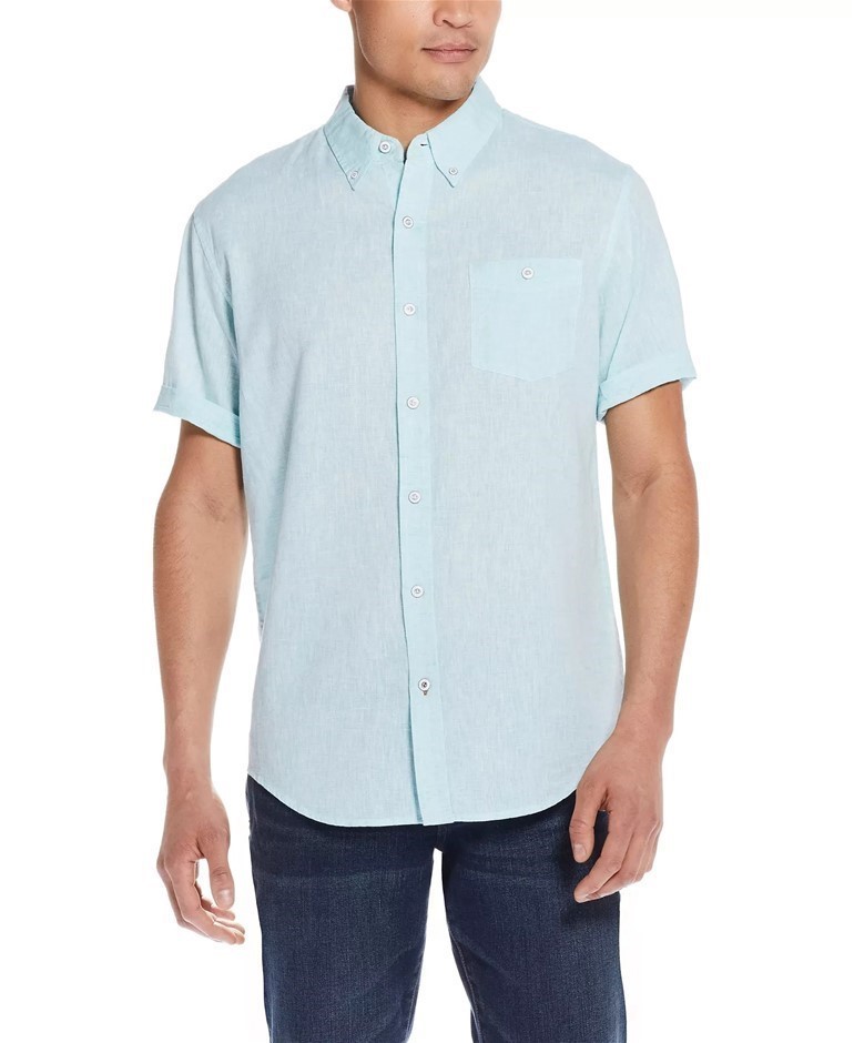 WEATHERPROOF Men's Linen S/S Shirt, Size XL, 55%Linen/45%Cotton, Blue. Buy