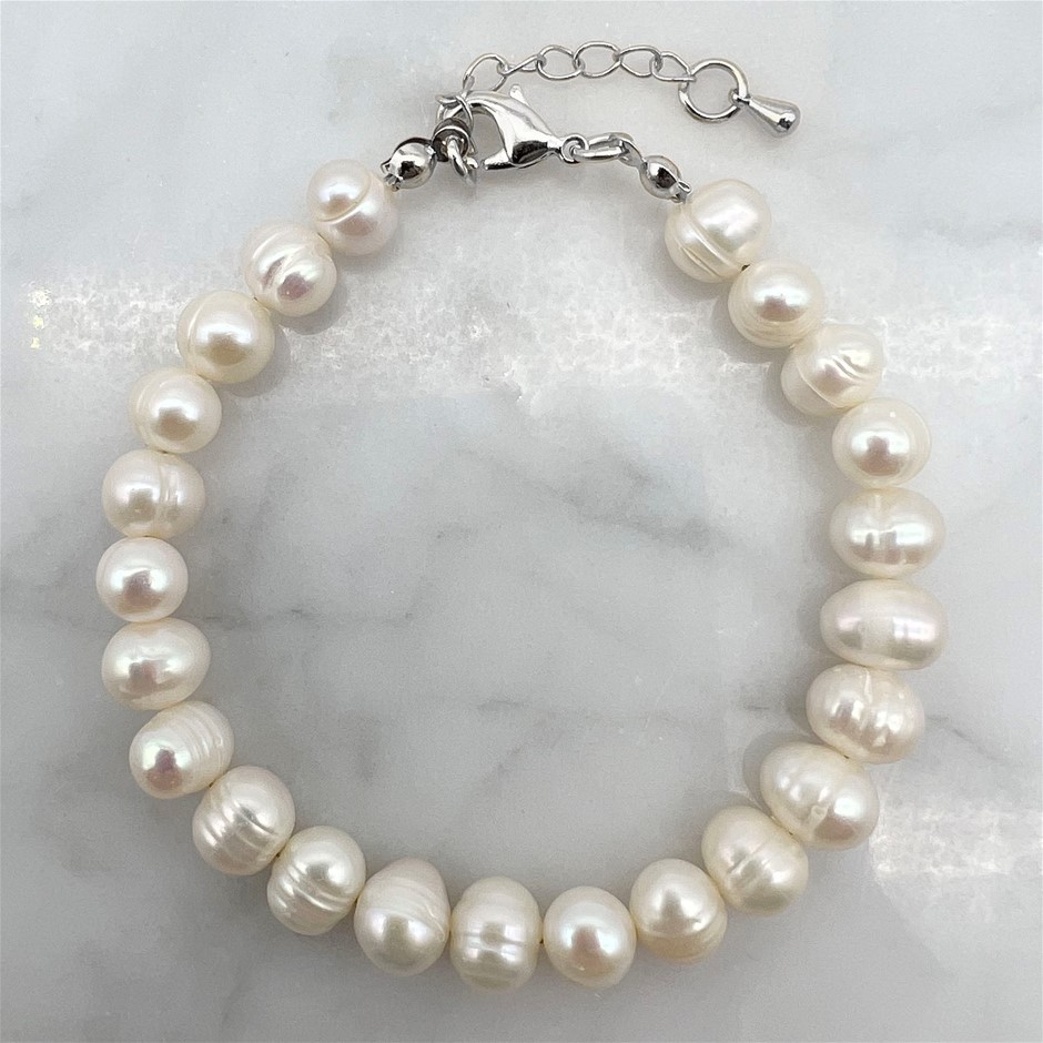 7-8mm Potato Shape Pearl with Real Platinum Plated Bracelet
