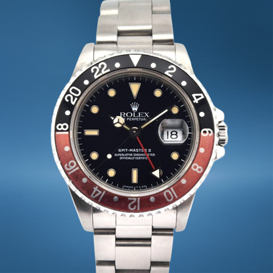 ROLEX GMT-MASTER II COKE 40MM STAINLESS STEEL 16710 AUTOMATIC WXO & COA
