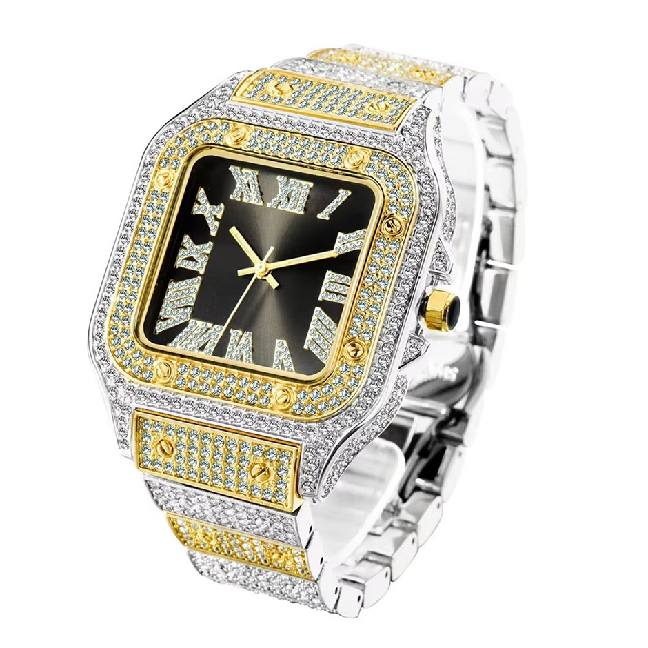 18k White & Yellow Gold Filled, Black Face Iced Out Diamond Quartz Watch