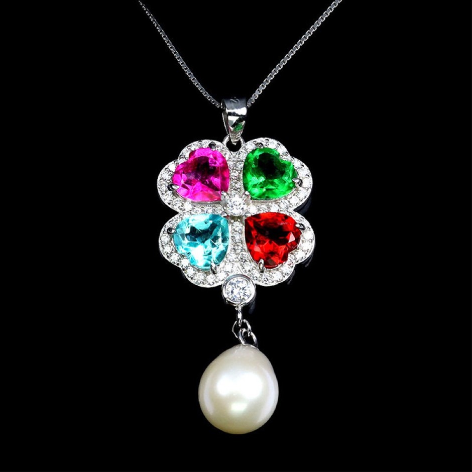 Elegant Multi Colour Heart Shape Topaz 925 Sterling Silver Pendant Necklace