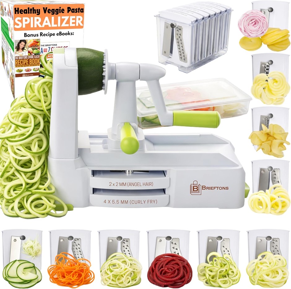 BRIEFTONS 10-Blade Vegetable Spiralizer: Strongest-Heaviest Duty Spiral Sli