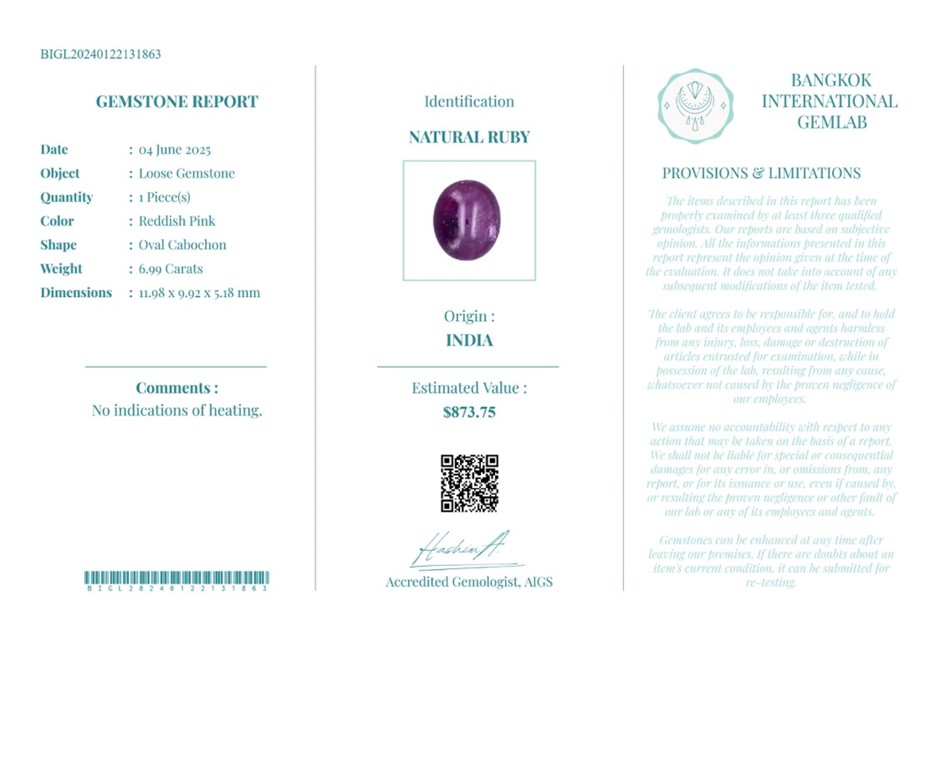 6.99 carat reddish pink  ruby USD val: 873.75