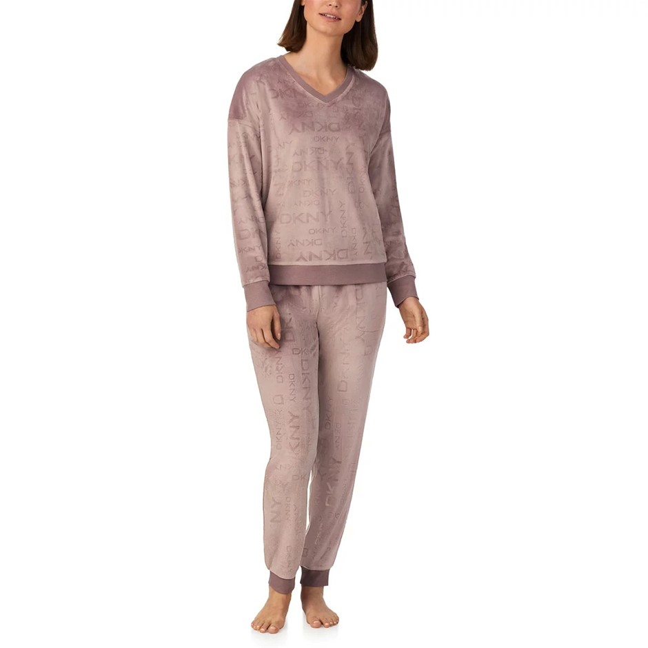 DKNY Women's 2pc Stretch Velour Lounge Set, Size M, Taupe Purple.