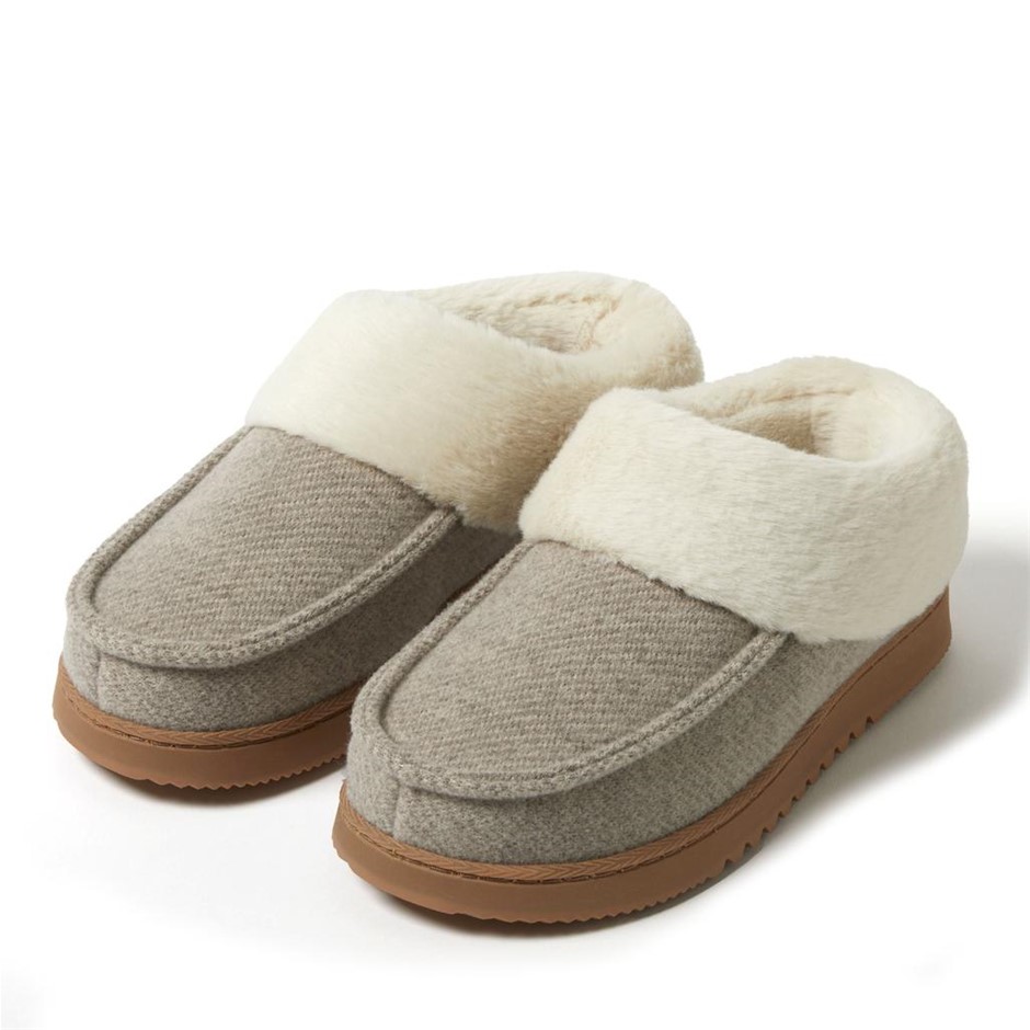 DEARFOAMS Women's Moccasin Slippers, Size M (US 7-8), Oatmeal Heather, 3122