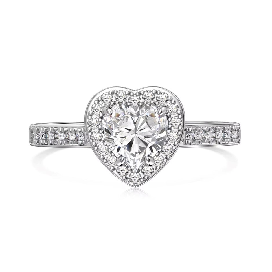 1.0ct Heart Cut GRA Certified Moissanite 925 Sterling Silver Ring - Size 8