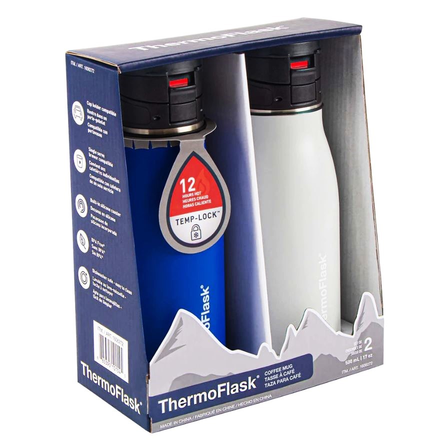 THERMOFLASK 2pk Travel Mugs, 500ml, Navy & White. NB: Not in original packa
