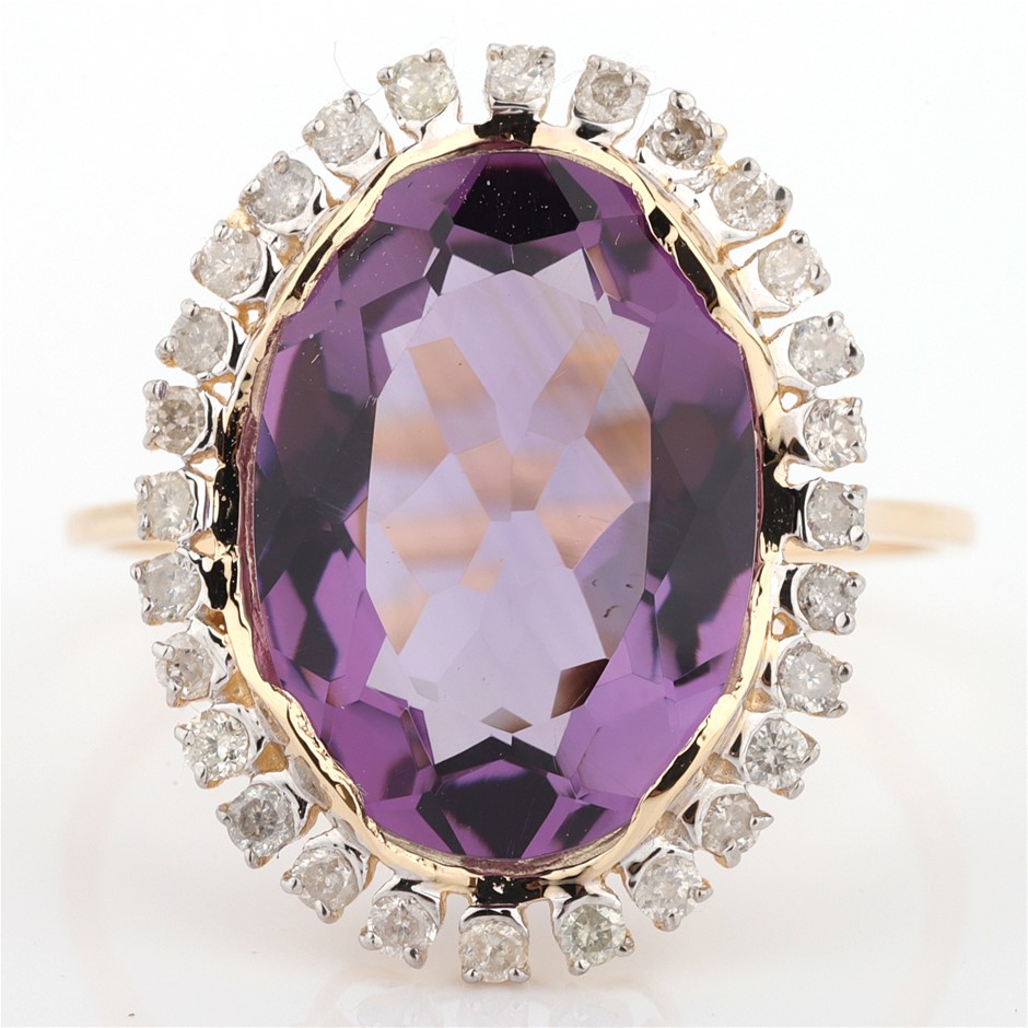 14k Yellow Gold Natural Amethyst & Diamond Ring with Valuation