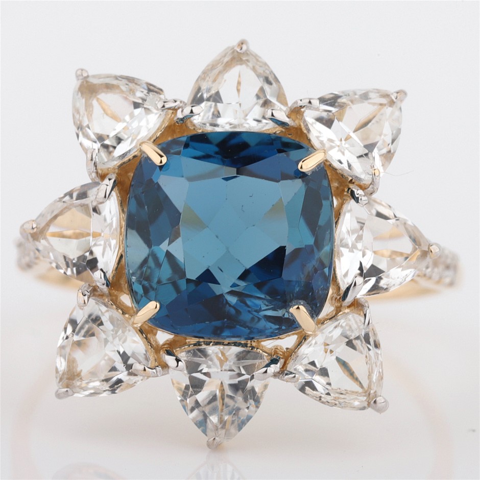 14k Yellow Gold Natural London Blue Topaz & Diamond Ring with Valuation