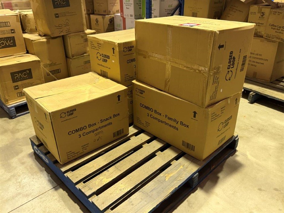 Pallet of assorted food packaging supplies, in five boxes