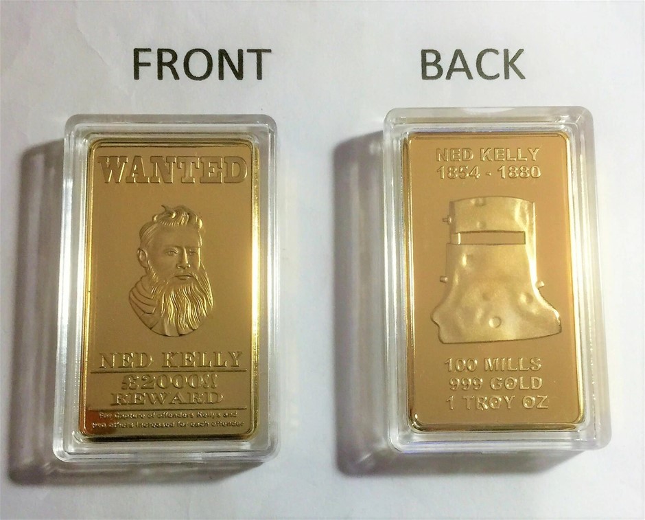 Ned Kelly "WANTED" 1 Troy OZ Ingot Finished in 999 24k Gold
