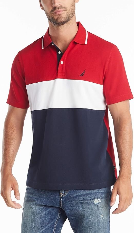 NAUTICA Men's Short Sleeve 100% Cotton Pique Color Block Polo Shirt, Size 3