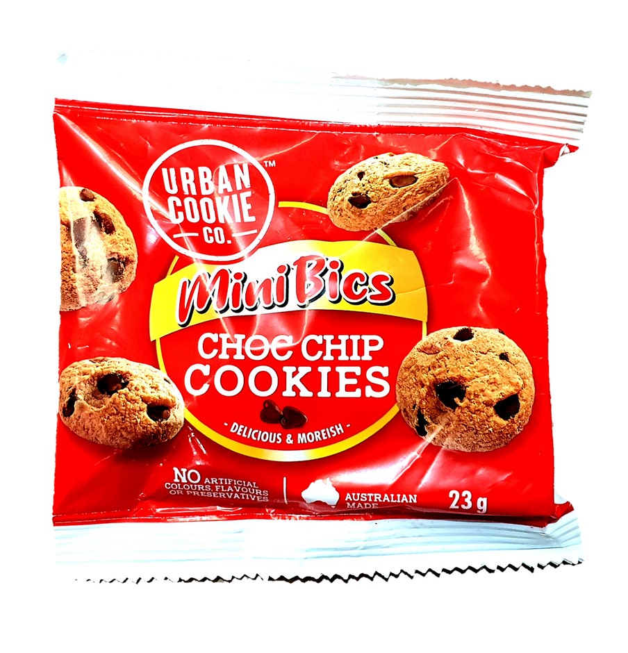60 x URBAN COOKIE Mini Bics Choc Chip Cookies, Single Serve, 23g Each.