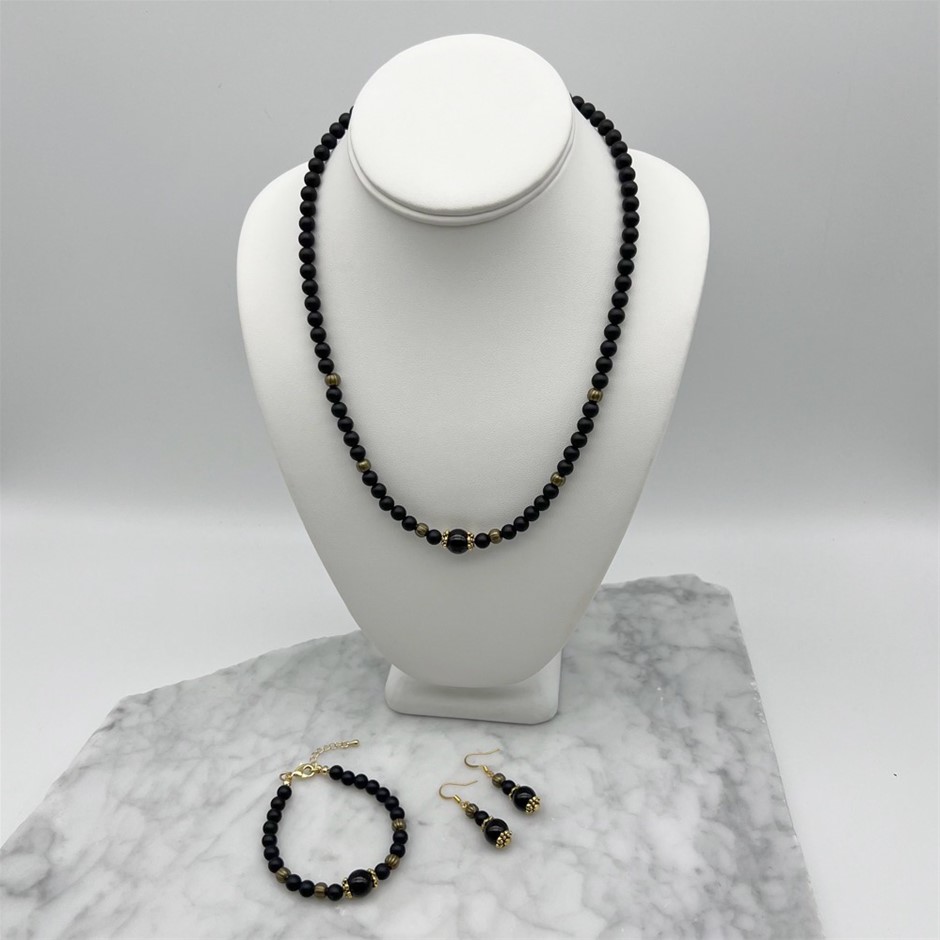 6-10mm Round Frosted Black Stone & Black Agate Beaded Gemstone