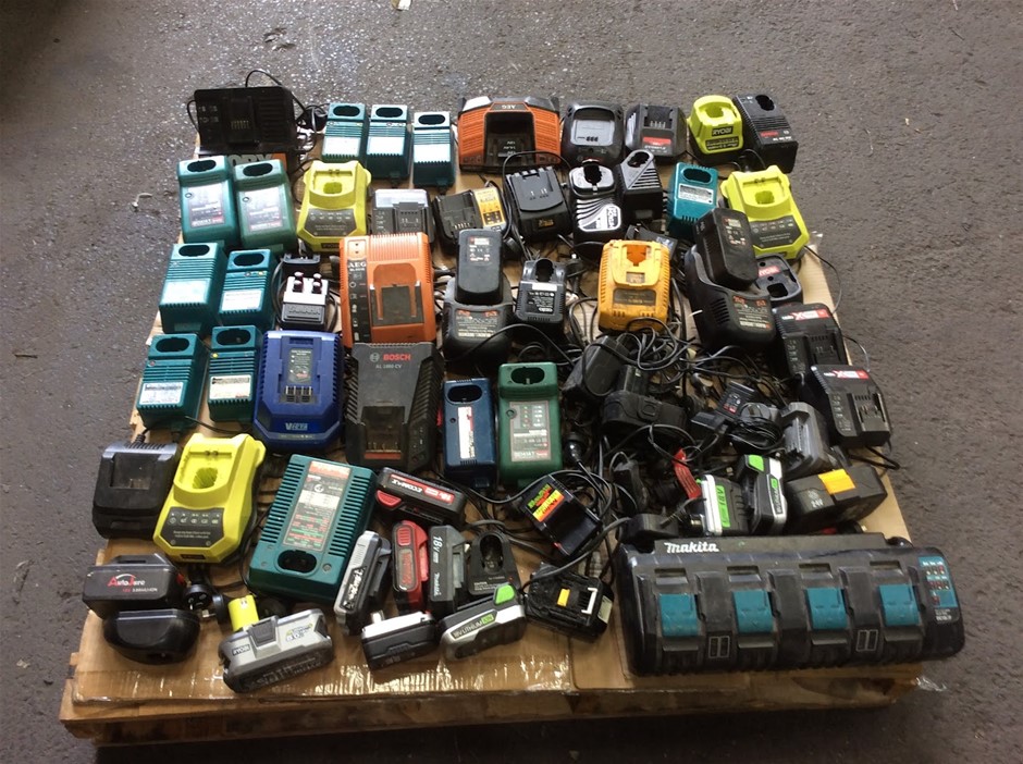 Mixed Lot of Battery Chargers & Batteries (Makita, Bosch, Ryobi, etc.)