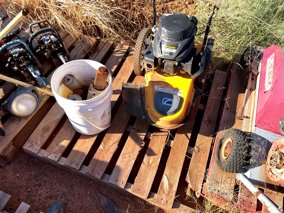 Pallet of Edger and Bucket of Miscellaneous Items