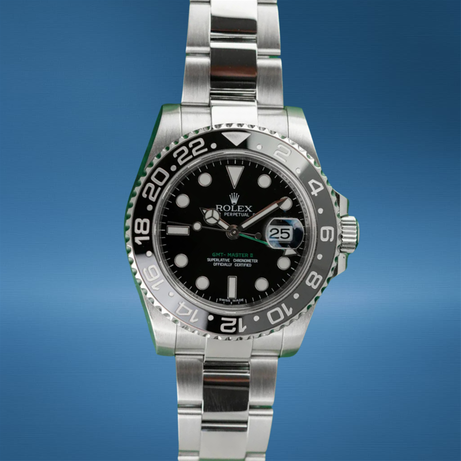 ROLEX GMT-MASTER II GREEN ARROW 40MM STAINLESS STEEL 116710LN WXO & COA