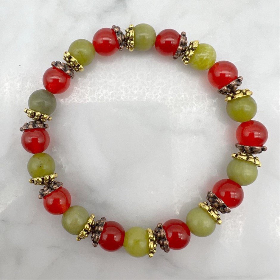 Peridot Malaysia "Jade" Quartz & Rhinestone Spacer Stretch Beaded Bracelet