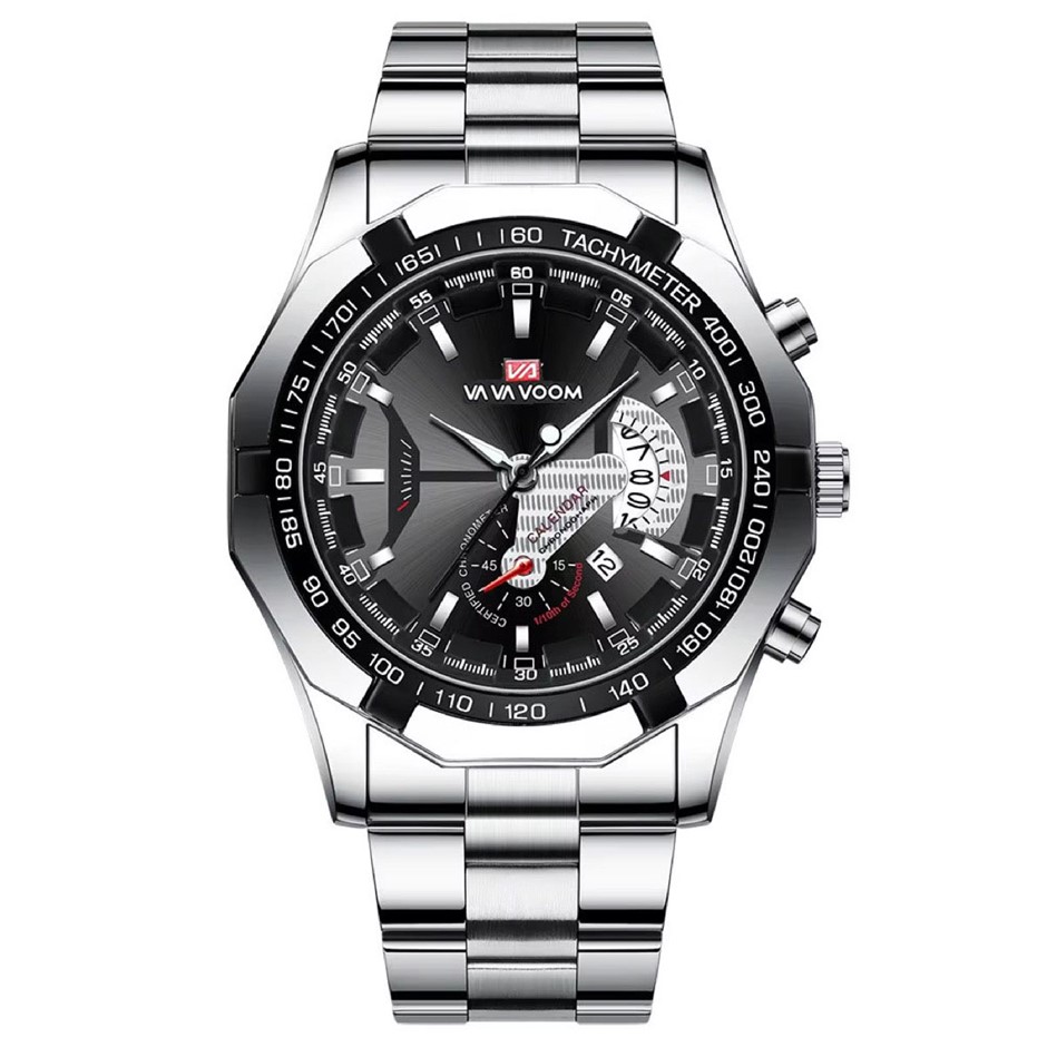 Men's Quartz Watch with Calander Date, Silver/Black