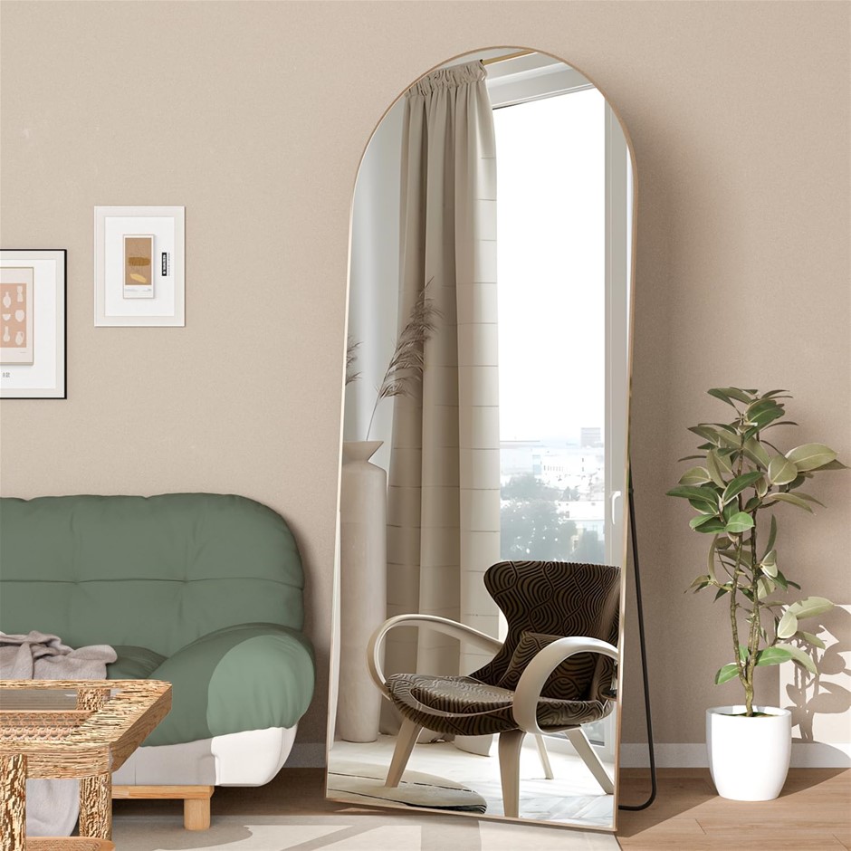 NEUWEABY Arched Full Length Floor Mirror 165 x 60cm with Stand, Gold Frame.