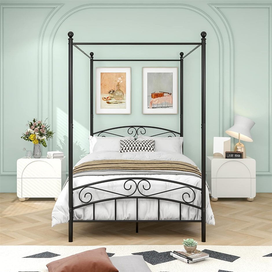VECOCHO Double Bed Frame Canopy Four Poster Bed Base with Under Bed Storage