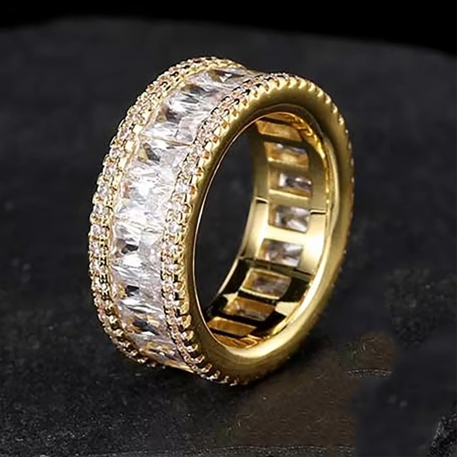 18K Gold-Filled Cuban Ring with Simulated Diamonds - Size 10