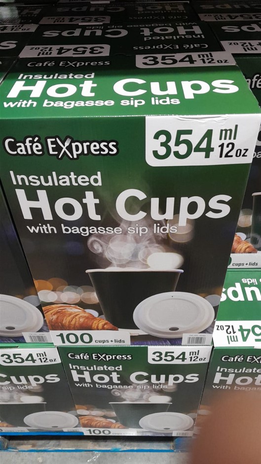 CAFE EXPRESS 100pc Insulated Hot Cups w/ Bagasse Sip Lids. N.B: Damaged pac