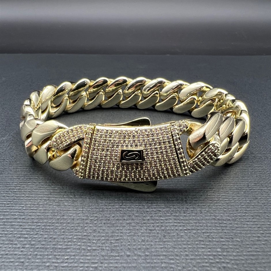 14K Gold-Filled Solid Cuban Bracelet, Simulated Diamonds,15MM Wide - 20.3cm