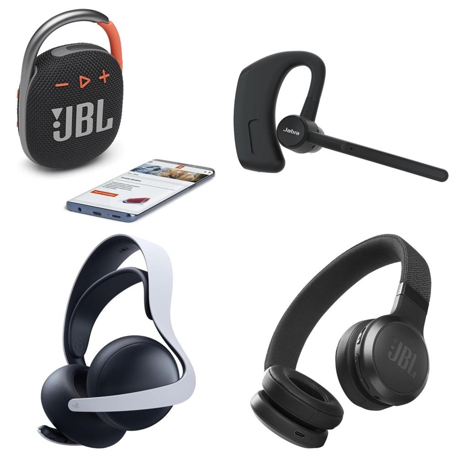 4 x Assorted Audio Peripherals. 1 x JBL Clip 4 Ultra Portable Speaker, Blac