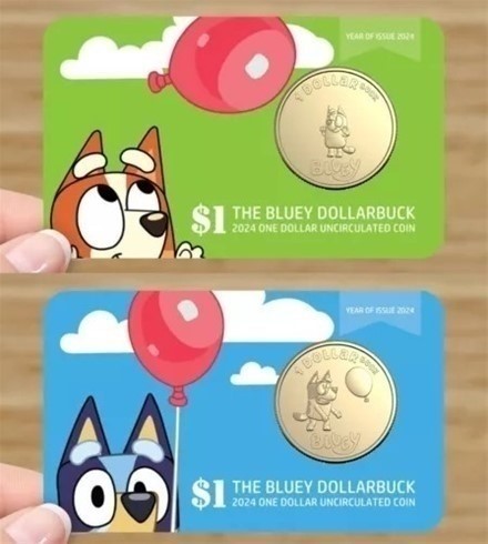 NEW!! LIMITED 2024 BLUEY DOLLARBUCK & BINGO $1 DOLLAR UNC Coin 2 CARD SET