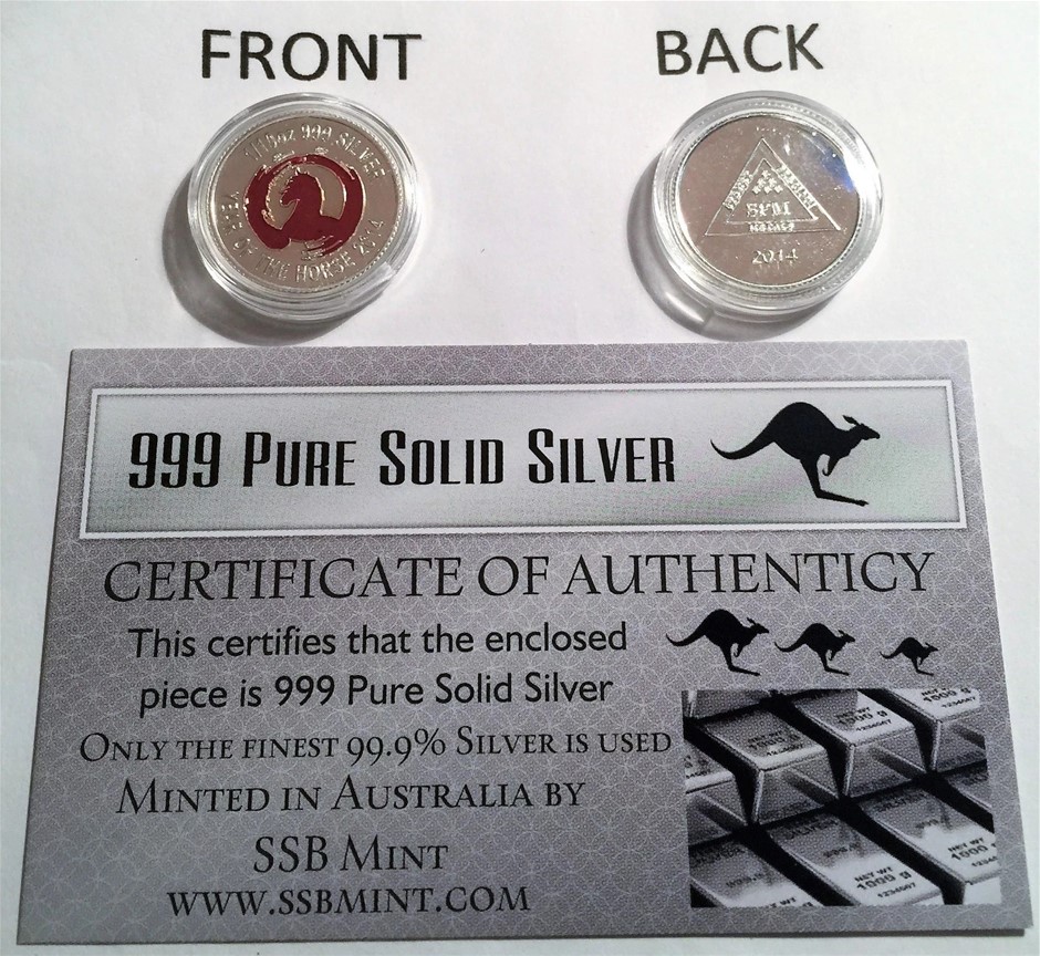 2014 YEAR OF THE HORSE 1/10th OZ (Approx) 999 Pure Silver Coin C.O.A. Col