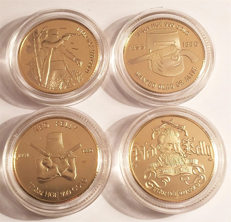 Set of 4 "Ned Kelly" 1/10th oz HGE 999 Gold Australian Coins/tokens, Outlaw