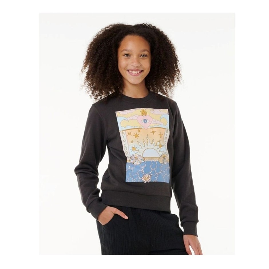 RIP CURL Girl's Summer Solstice Art Crew Sweatshirt, Size 10, Washed Black.