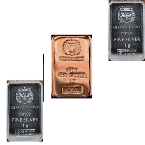 5 ounce germania mint copper bar & 1g germania silver bar 2