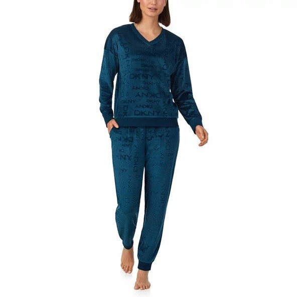 DKNY Women's 2pc Stretch Velour Lounge Set, Size S, Teal Blue.