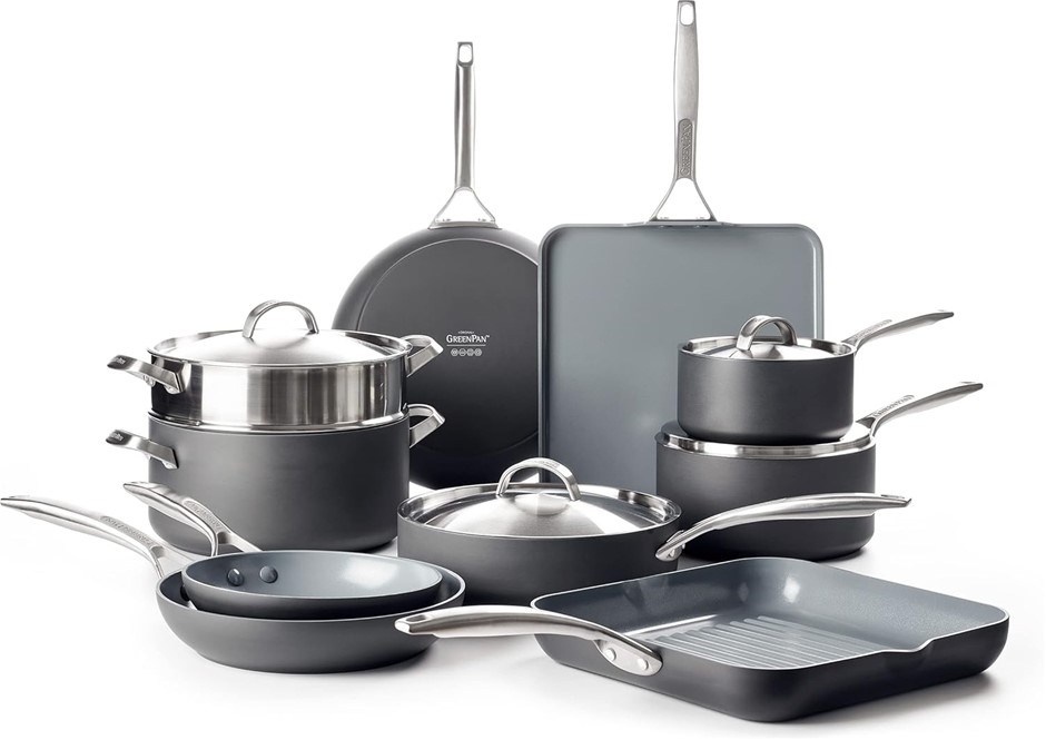 GREENPAN Paris Pro Hard Anodized Healthy Ceramic Nonstick, 14 Piece Cookwar