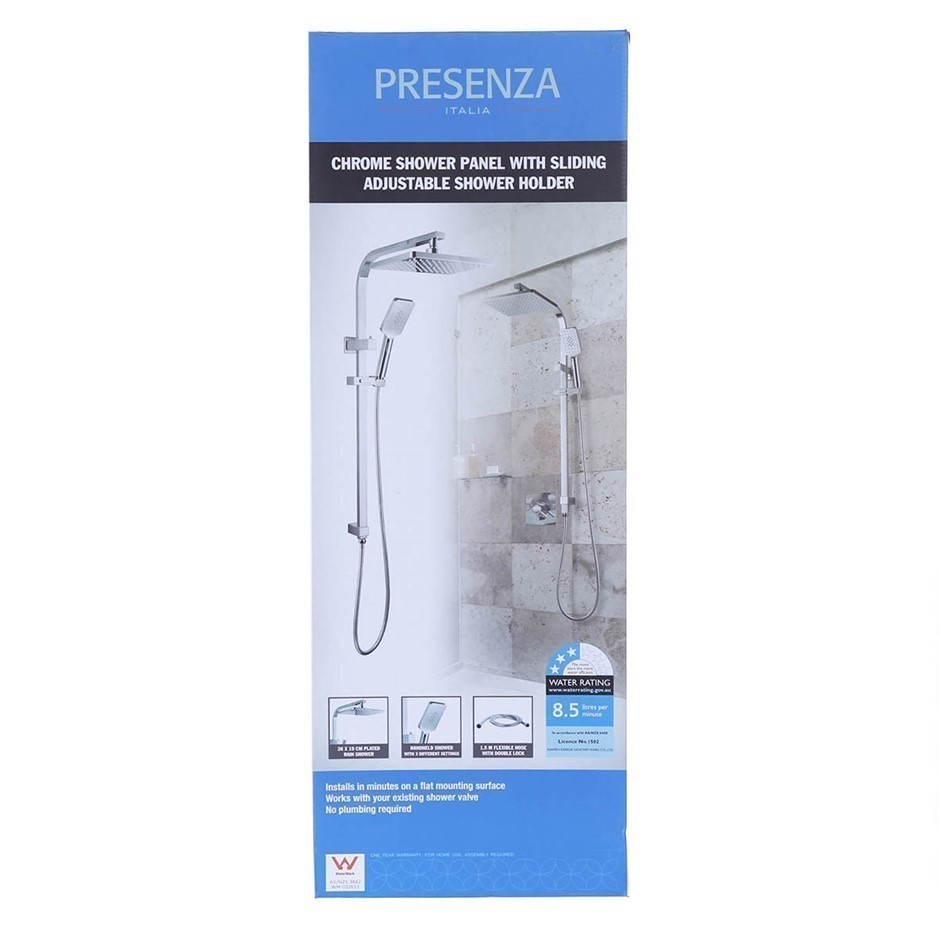 PRESENZA ITALIA Chrome Shower Panel with Sliding Adjustable Shower Holder.