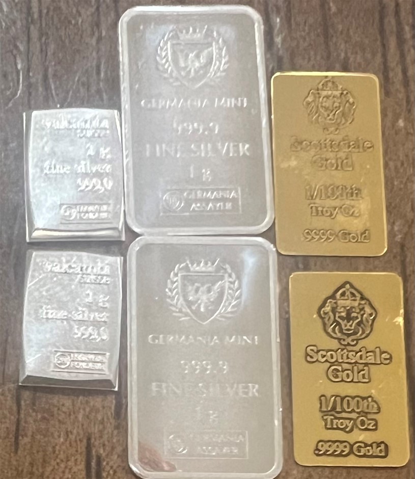 1/100 Scottdale gold bar x 2, 1 Gram Valcumbi bar x 2 & 1g Silver Bar x 2