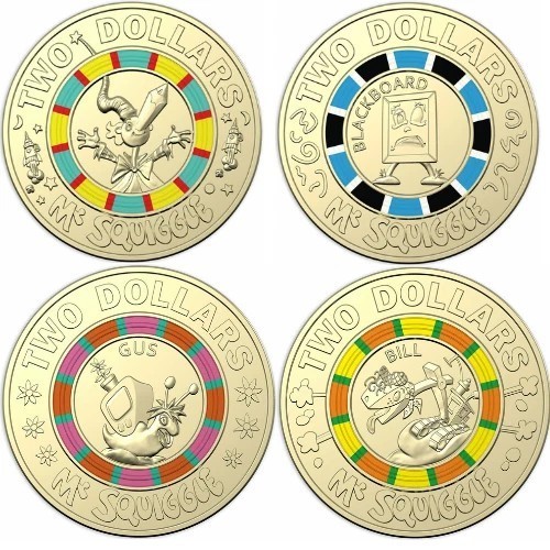 2019 $2 MR SQUIGGLE SET OF 4 x TWO DOLLAR AUSTRALIAN COLOURED COINS QUEEN