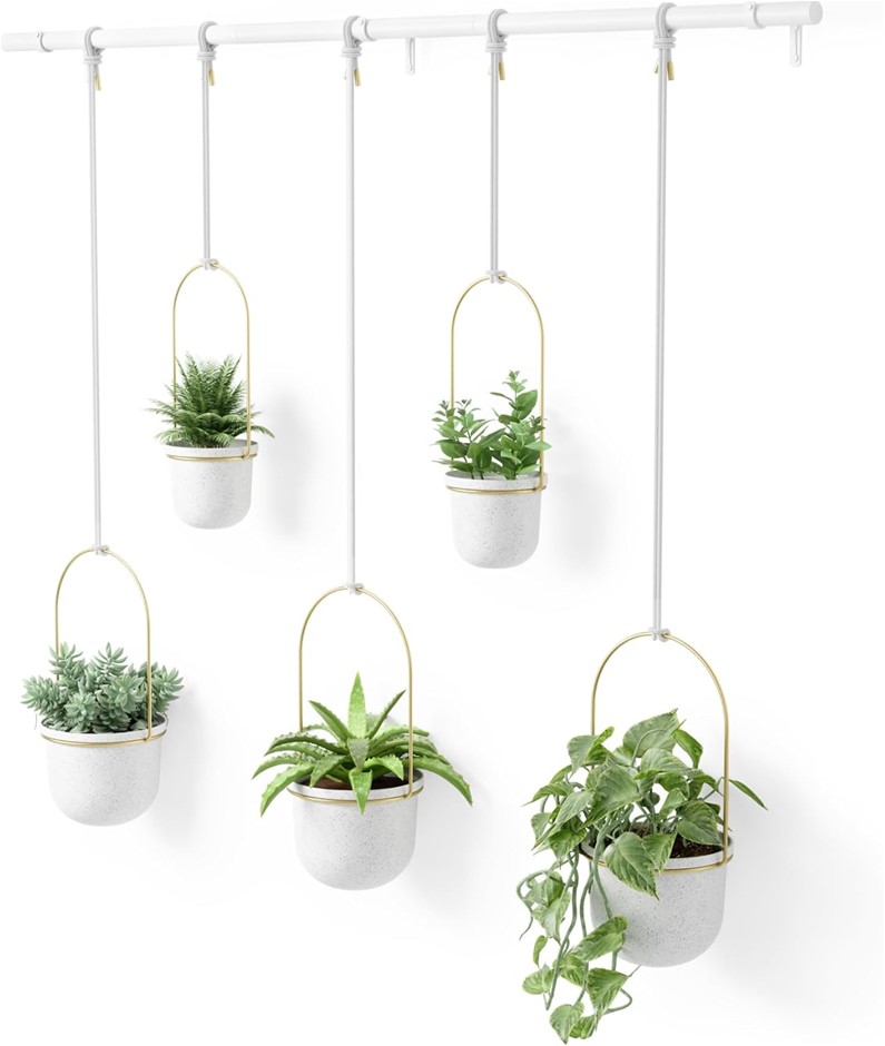 UMBRA Triflora Hanging Planter 5-Pieces, Large, White/Brass. NB: Missing 1