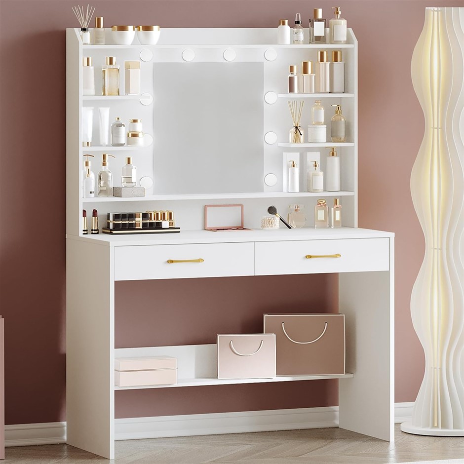 HZUANERI Vanity Desk with Mirror and Led Light, Adjustable Brightness with