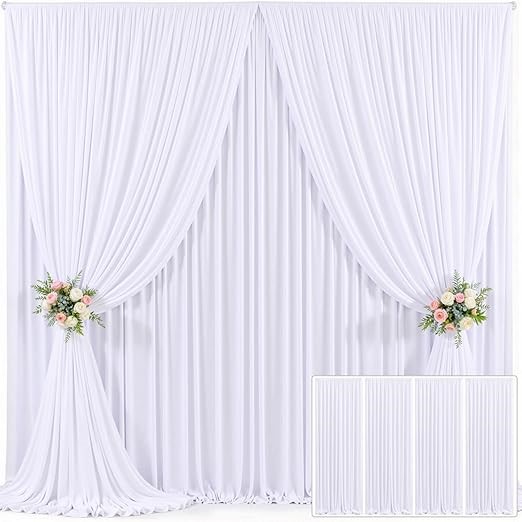 4 Panels White Backdrop Curtain for Parties Wedding Wrinkle Free White Phot